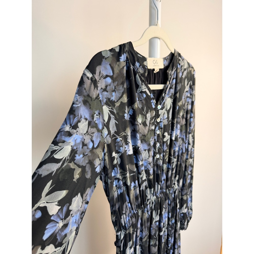 Cloth & Stone Blue Floral Long Sleeve Midi Dress Elastic Waist S #422 - Picture 3 of 8